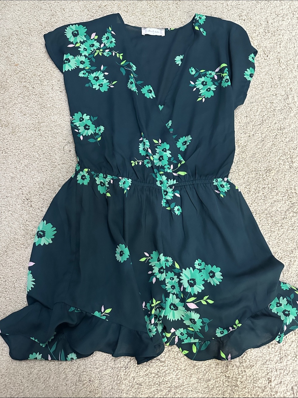 Altar'd State Navy Romper with Bright Green Floral Accents